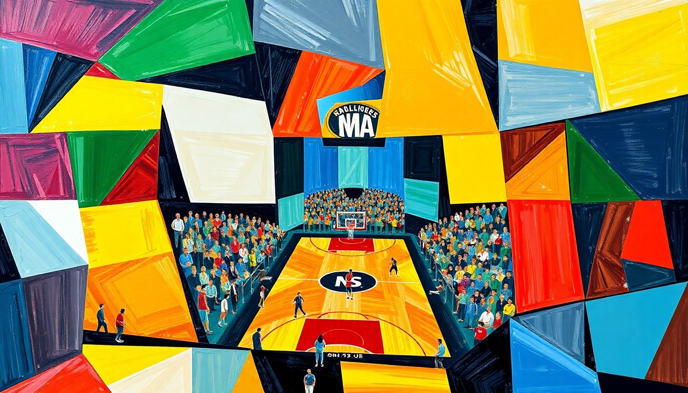 A cubist, geometric painting depicting the action of a college basketball game, with sharp, overlapping planes of color representing the teams' official colors.