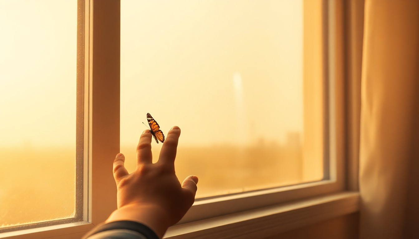 A blurred, dreamlike photograph showing a child's hand reaching out to touch a butterfly resting on a windowsill, with the faint outline of a rocket contrail visible in the distance, capturing the idea of finding the sacred in the everyday.