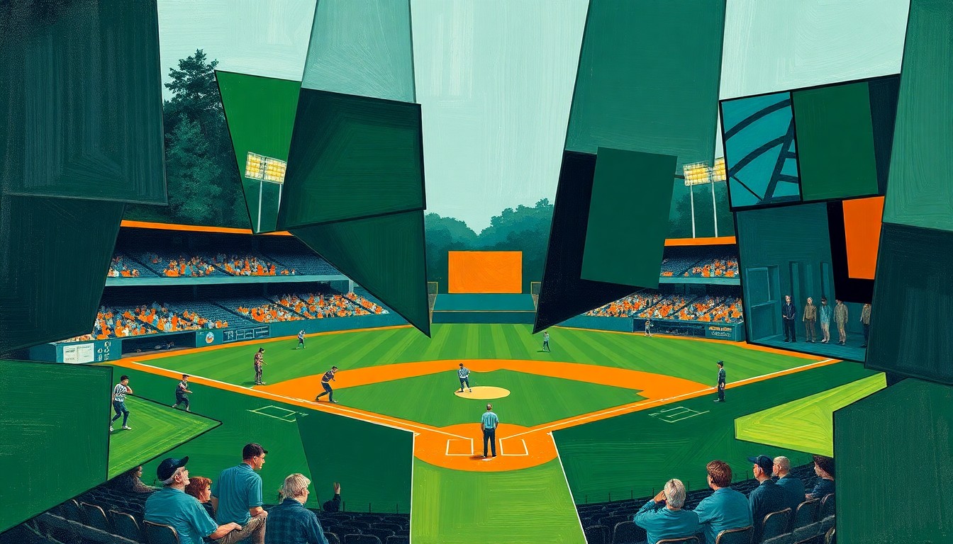 A fragmented, geometric painting in shades of green, blue, and orange depicts the dynamic motion and multiple perspectives of a high school baseball game.