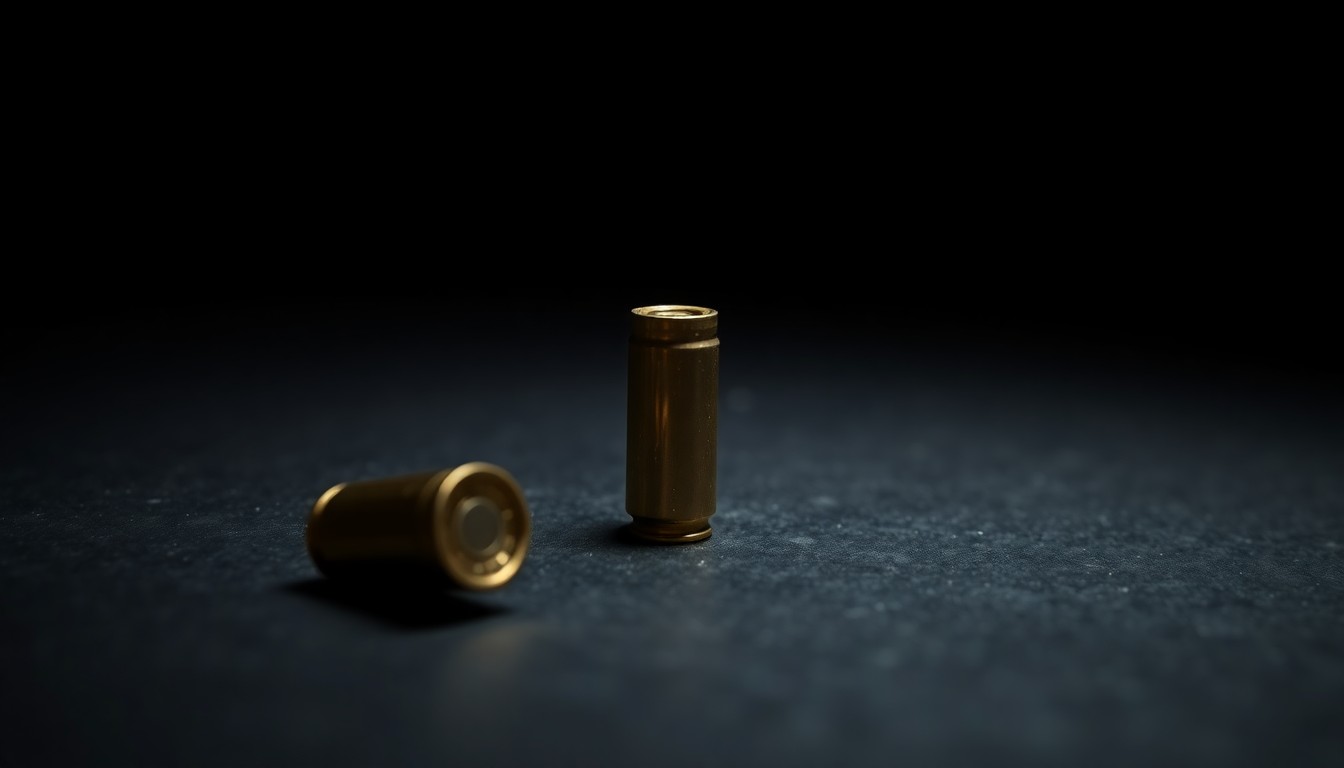 An extreme close-up of a single spent bullet casing on a dark surface, lit by a harsh direct flash to create a stark, gritty, investigative aesthetic.
