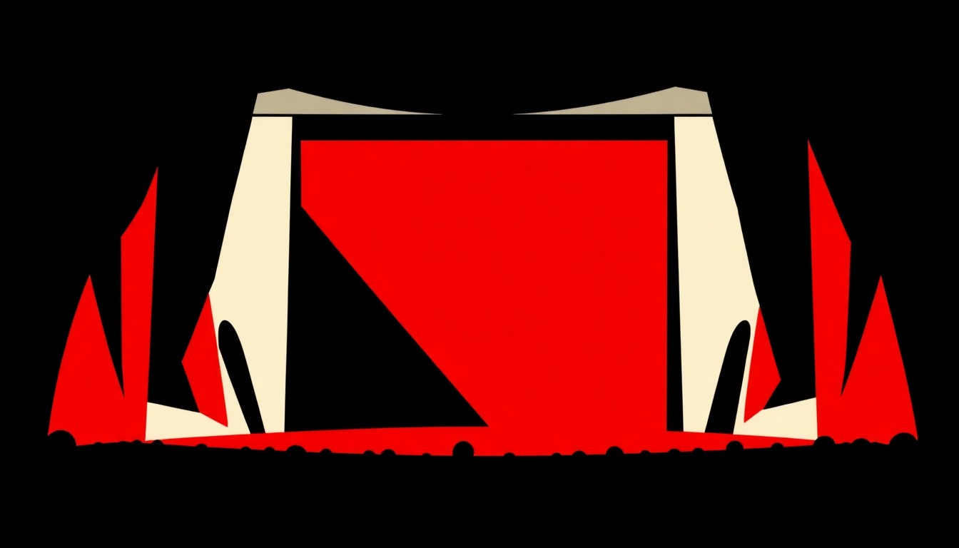 An abstract, minimalist illustration featuring bold, jagged shapes and silhouettes in high-contrast red and black, conceptually representing a theater stage and performance.