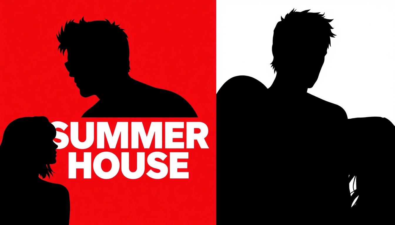 An abstract, minimalist illustration featuring stark black silhouettes of various shapes and forms, representing the cast members of the 'Summer House' reality TV franchise, set against a high-contrast background of solid red and white colors, conveying the conceptual shift in the new spin-off series 'In the City'.