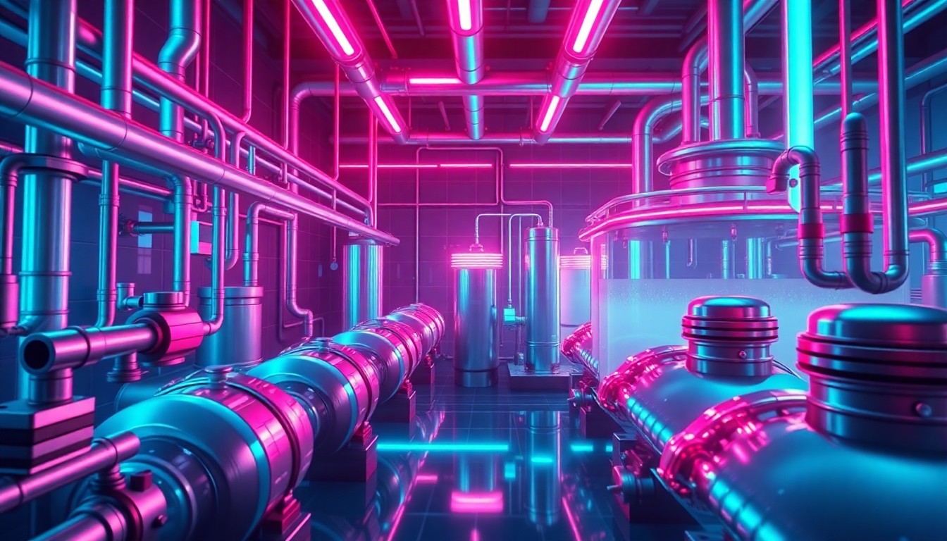 A highly detailed, glowing 3D illustration of a complex water treatment facility, with intricate pipes, tanks, and machinery illuminated by neon cyan and magenta lights, conveying the innovative yet challenging nature of managing water resources in a rapidly evolving technological landscape.