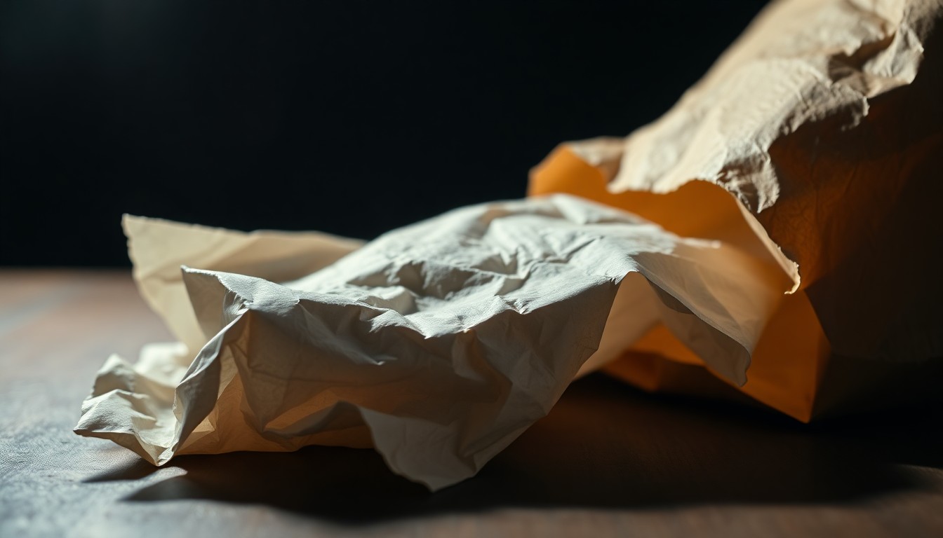 An extreme close-up photograph of a crumpled paper hamburger wrapper and bag, capturing the gritty texture and material details to represent the humble origins of a timeless country music standard.