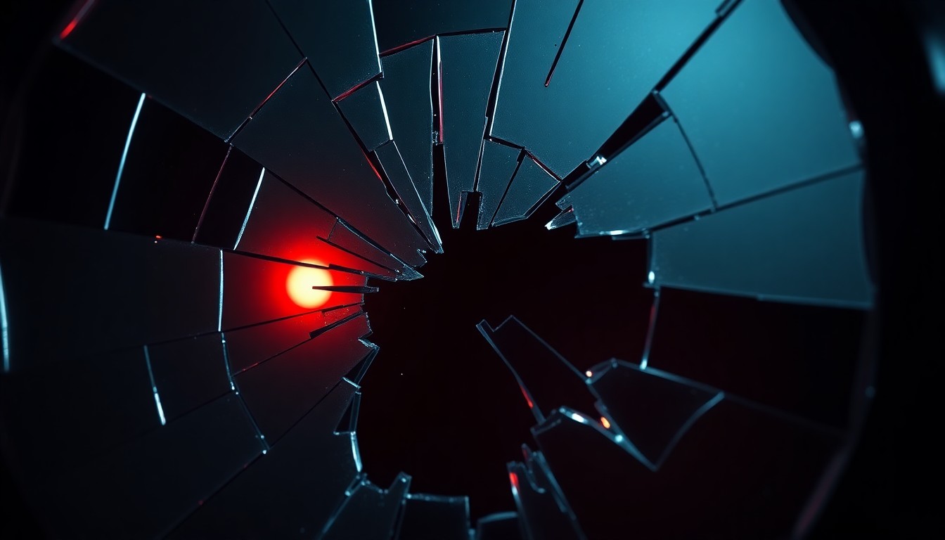 An extreme close-up photograph of a shattered mirror reflecting a faint red light, conceptually representing the tension and drama of celebrity culture.