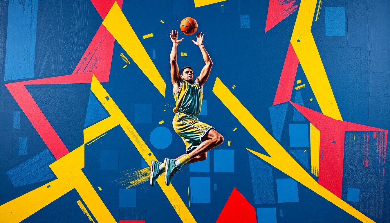 A fragmented, geometric painting depicting the dynamic movements of a basketball player in mid-jump shot, rendered in a cubist style with bold, contrasting colors.