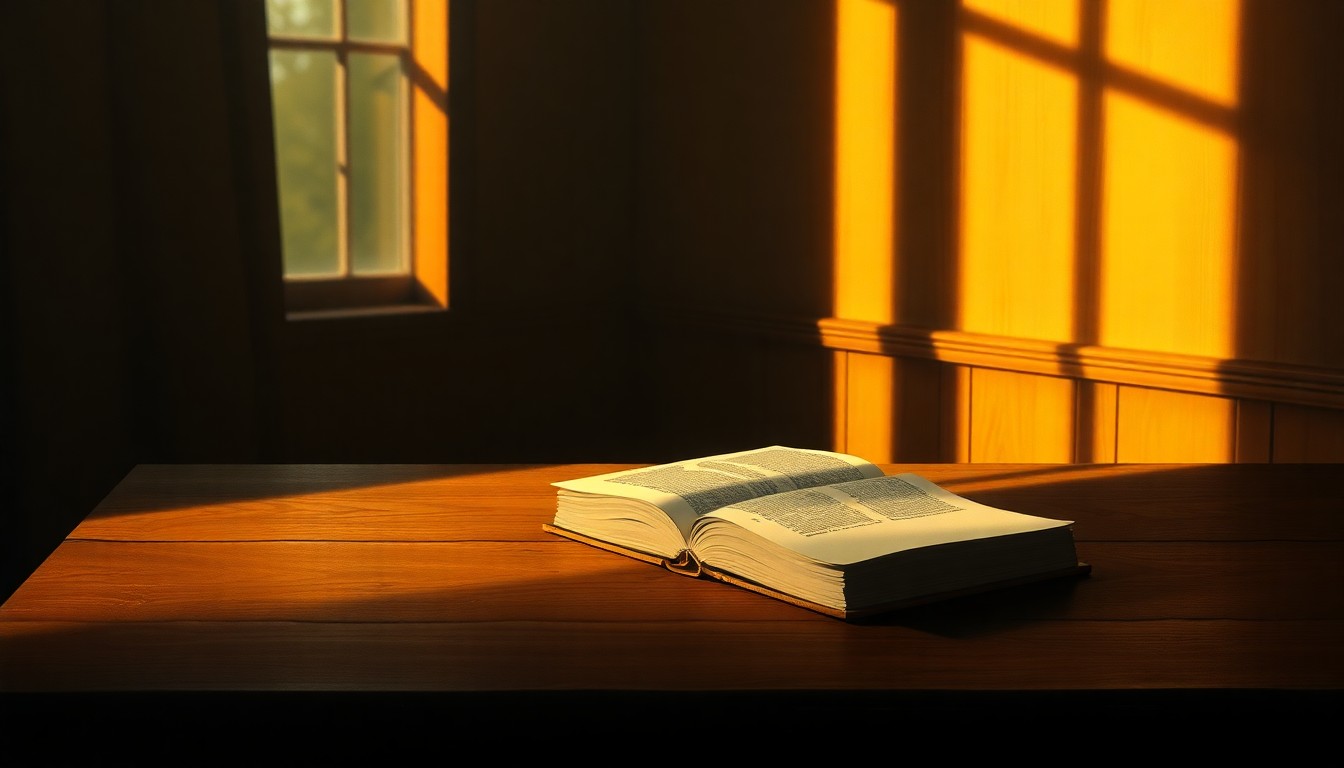 A serene, photorealistic painting of a single open book resting on a wooden table, with soft, warm lighting casting long shadows across the scene, conveying a sense of quiet contemplation and the importance of educational programs.