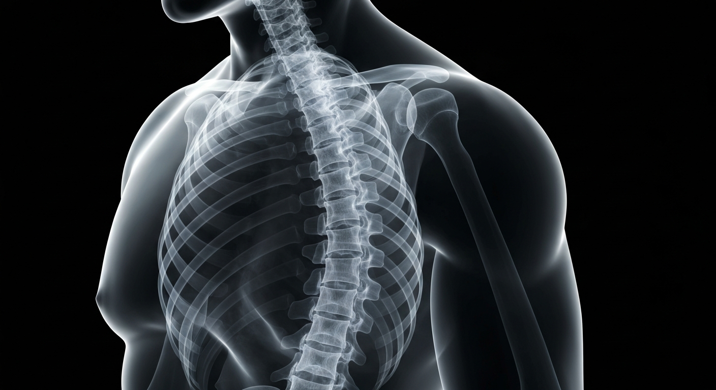 A ghostly, translucent X-ray photograph showing the internal structure of the human spine and surrounding musculature, conveying the complex mechanics that enable movement and mobility.