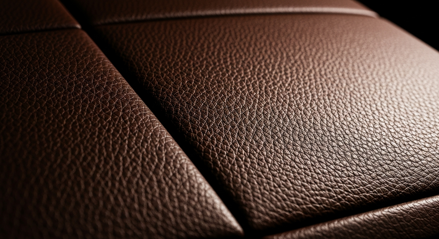 Ekstremni krupni plan teksturirane kožne unutrašnjosti Audi limuzine, sa šljunčanom površinom.