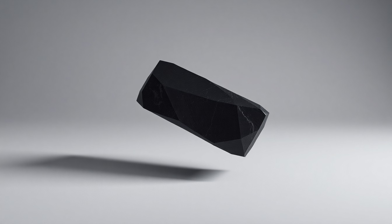 A photorealistic studio still-life image of a polished, geometric graphite ingot or block floating on a clean, monochromatic background, dramatically lit to convey the abstract concept of critical mineral supply chain security.