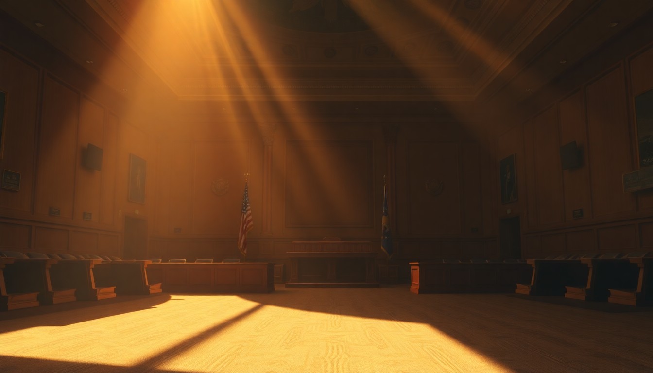 A dimly lit, cinematic painting of an empty congressional hearing room, with warm sunlight streaming through the windows and deep shadows casting an air of solemnity and contemplation over the space.