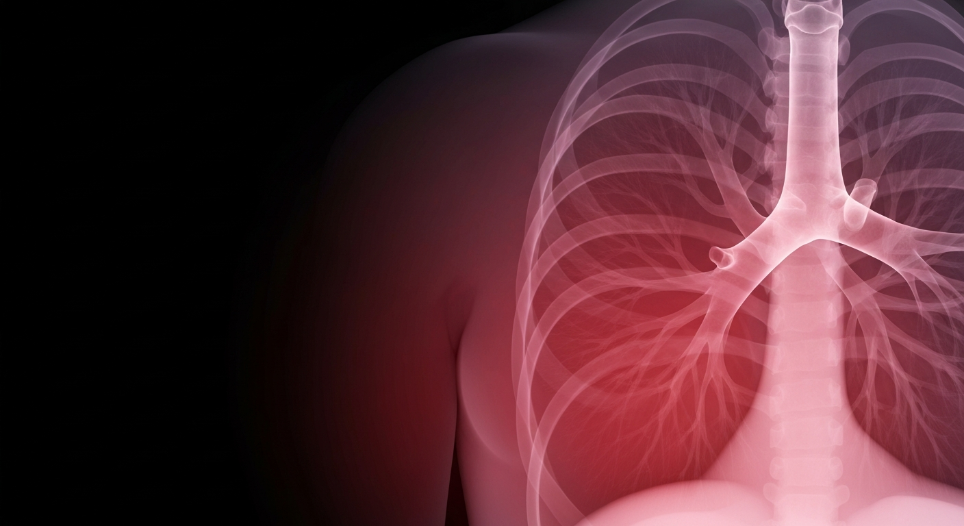 A translucent X-ray image of a human lung, glowing with a faint red hue, conceptually representing the potential spread of measles virus in a public health incident.