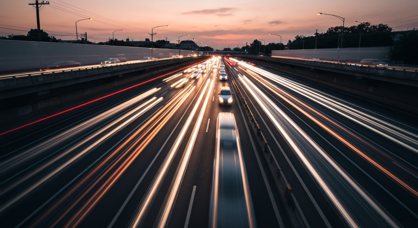 A blurred, abstract photograph of a highway overpass at sunset, with streaks of colorful traffic in motion, conveying the chaos and disruption of major road closures.