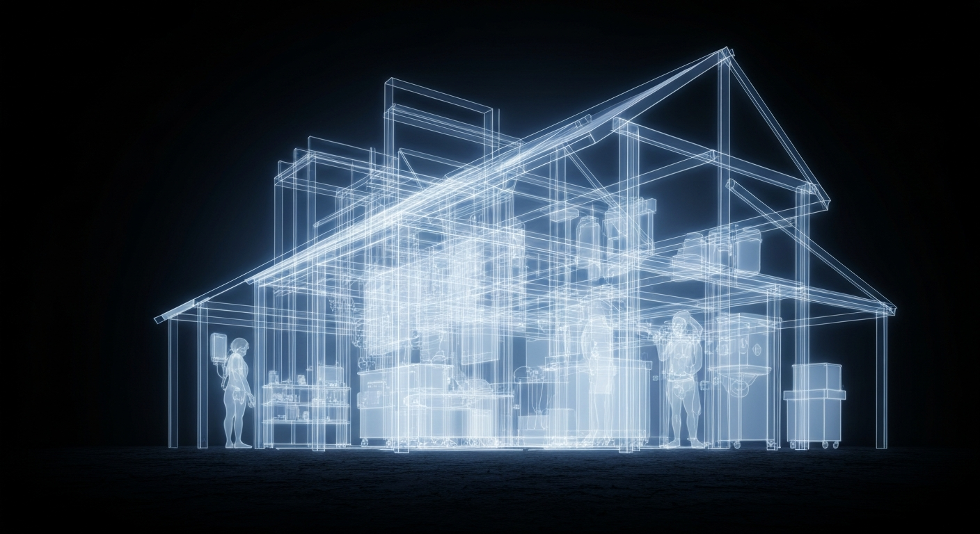 A translucent X-ray style image revealing the internal structures of a rural medical clinic, conveying a sense of clinical yet hopeful energy around improving healthcare access in underserved areas.