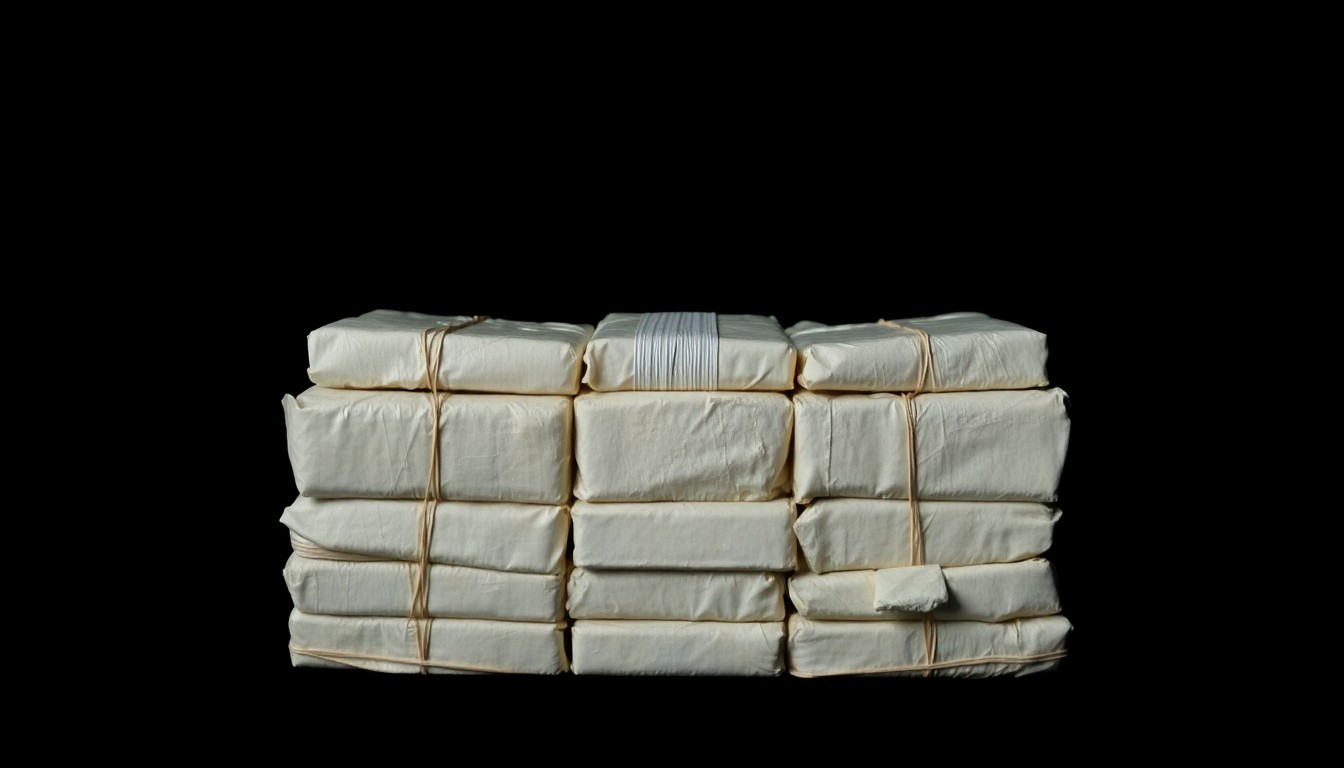 An extreme close-up photograph of a large bundle of wrapped cocaine bricks against a pitch-black background, highlighting the texture and material details of the illicit drugs in a stark, gritty visual style.