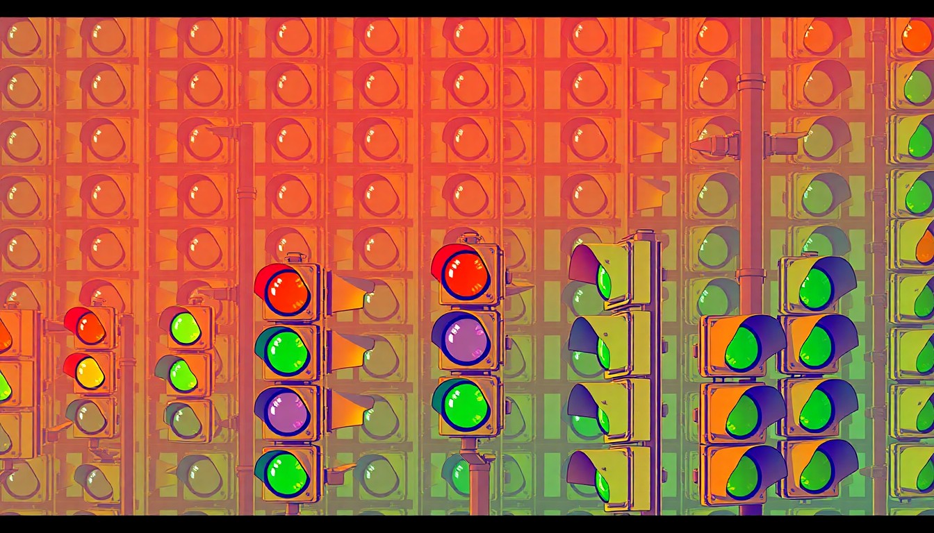 A vibrant, abstract silkscreen print featuring a repeating pattern of stylized traffic signal icons in bold, neon-inspired colors, conveying the modernization of a busy urban transportation corridor.