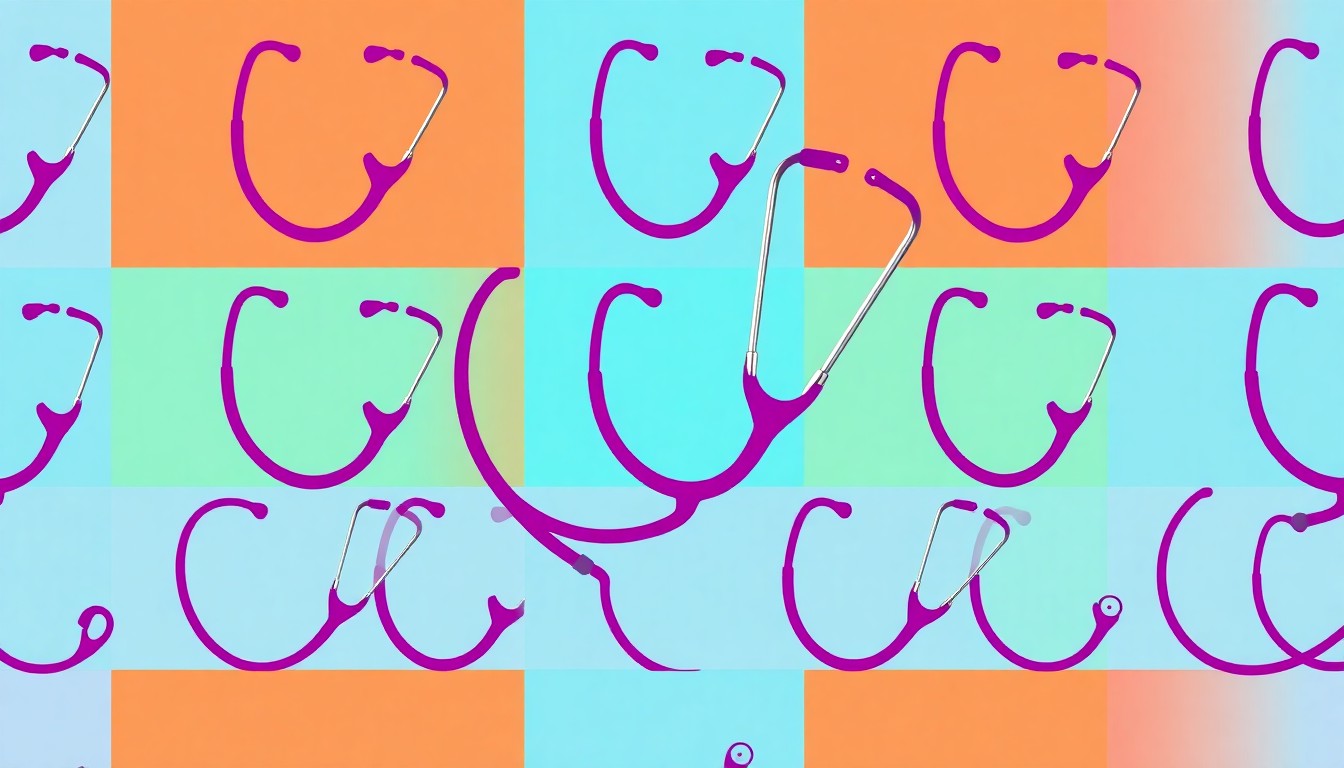 A brightly colored, high-contrast silkscreen print of a stethoscope repeated in a tight grid pattern, representing the iconic tools of the medical profession. The image utilizes flat, vibrant, and unnatural neon color palettes overlapping with heavy black photographic outlines to turn an everyday medical object into modern pop art.