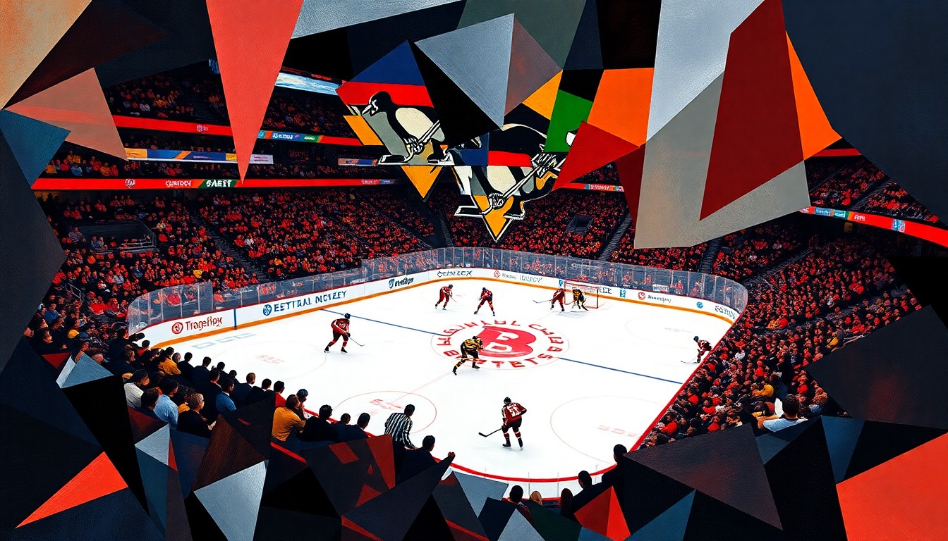 A cubist, geometric painting depicting a hockey game between the Washington Capitals and Pittsburgh Penguins, with the players' movements and the energy of the crowd represented through bold, angular shapes and vibrant colors.