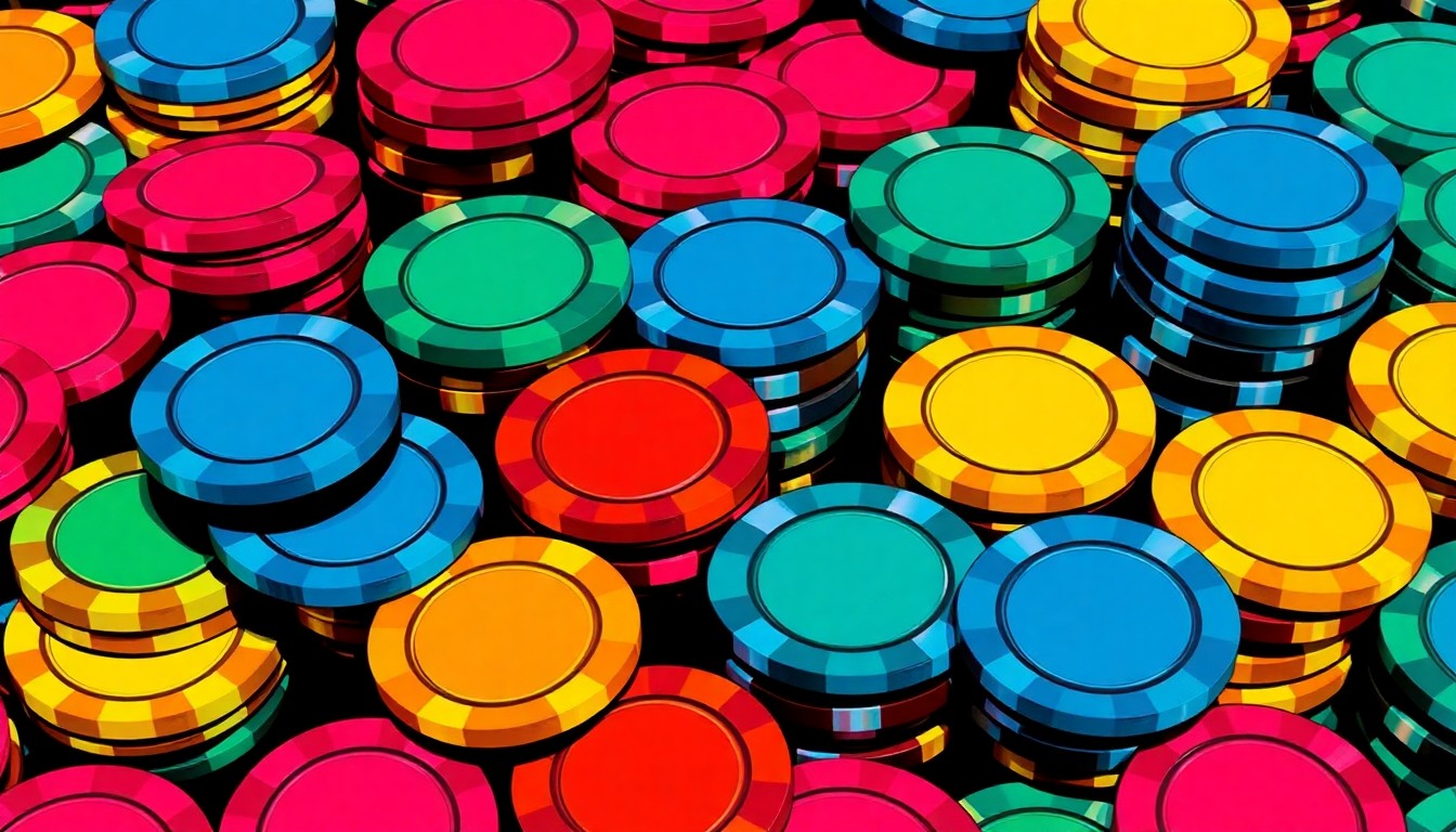 A brightly colored, high-contrast silkscreen print of a stack of casino chips in a tight grid pattern, capturing the energy and excitement of the Middleburg Heights Women's Club's Casino Night fundraiser in a modern pop art style.