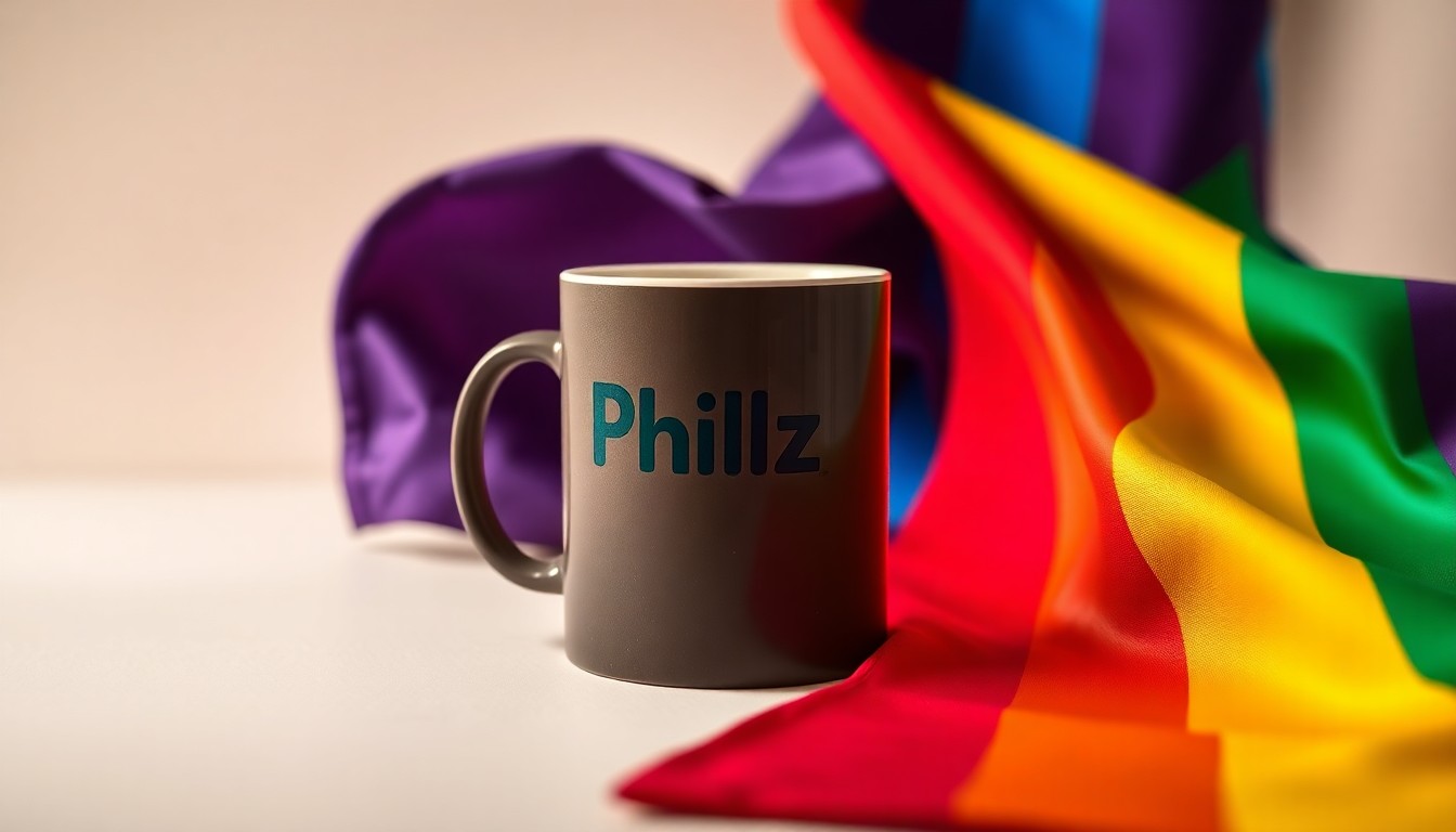 A high-end, photorealistic studio still-life photograph featuring a Philz Coffee mug and a pride flag arranged elegantly on a clean, monochromatic background, conveying the abstract concepts of corporate strategy, inclusion, and community values.