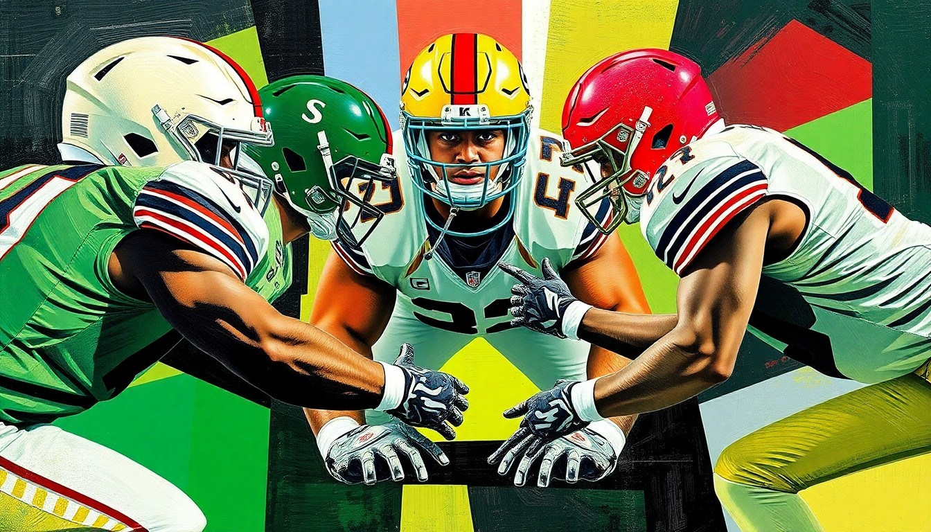 A fractured, geometric painting depicting the silhouettes of football players in various positions, representing the potential power of the 49ers' defensive line with the addition of Dexter Lawrence.