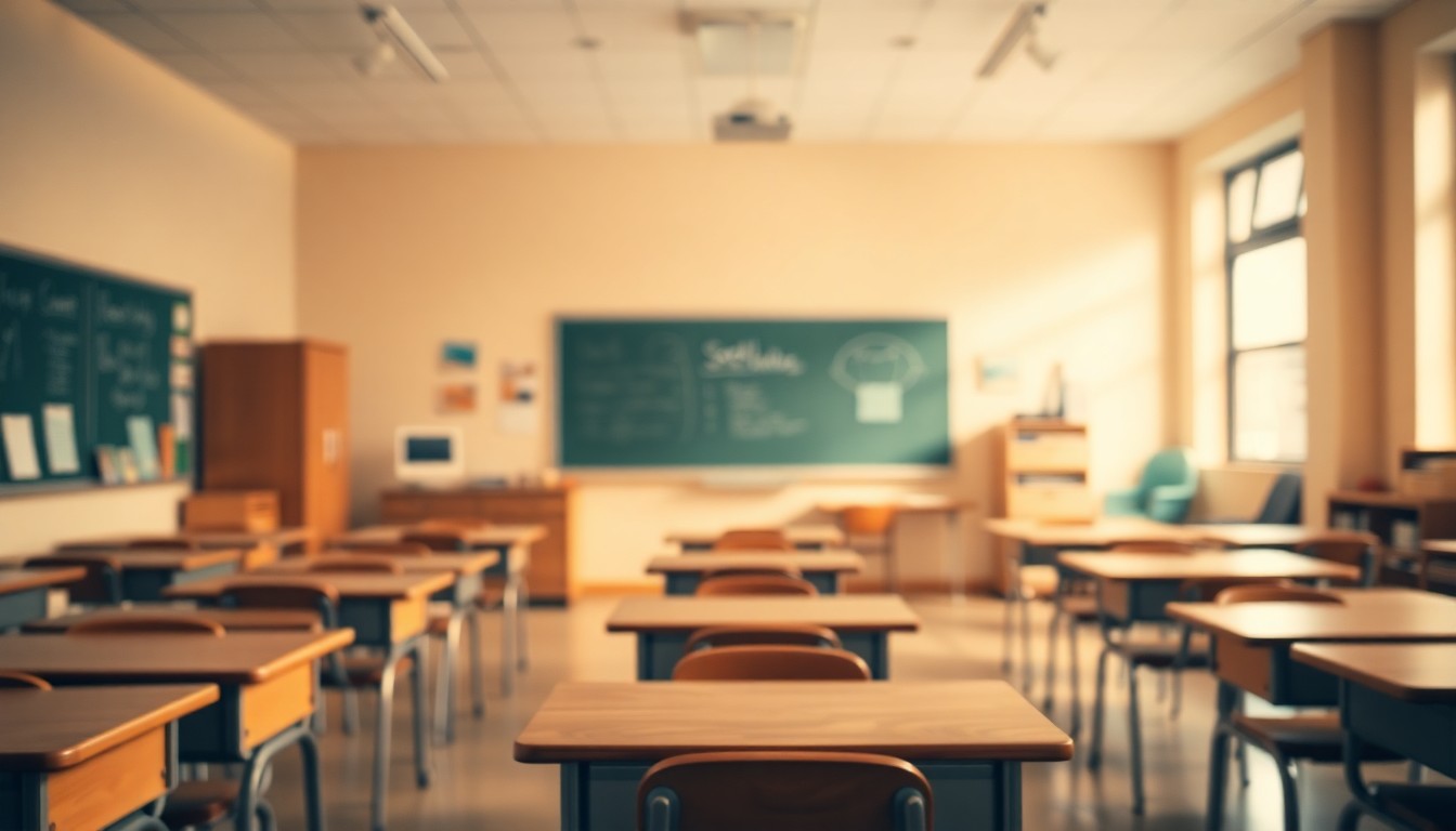 An abstract, impressionistic photograph in soft, warm tones depicting the faint outlines of an empty elementary school classroom, with desks, chalkboards, and educational supplies blending into a hazy, dreamlike background, conceptually representing the lasting impact of a dedicated teacher.