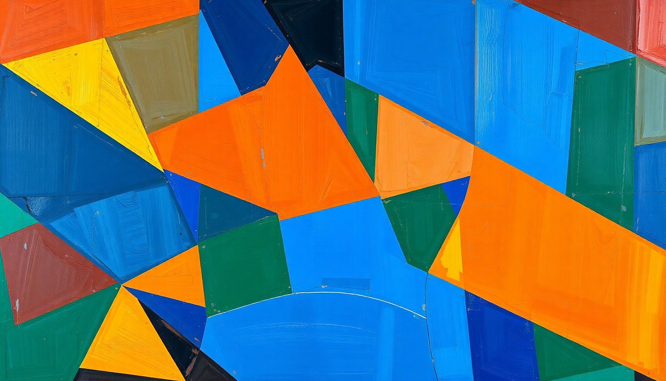 A fragmented, geometric painting depicting a basketball game or match, with sharp planes of color and overlapping perspectives, conveying the conceptual fusion of Malone's NBA experience and UNC's college basketball tradition.