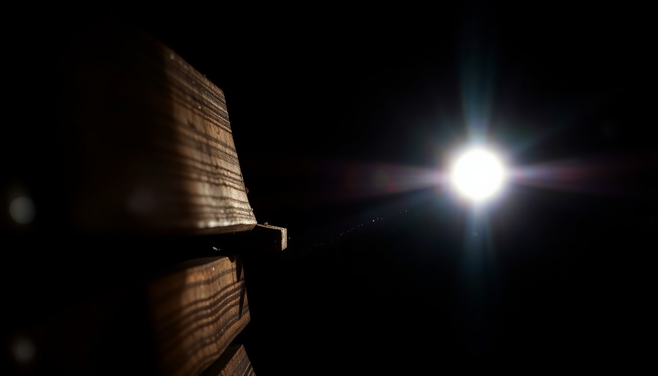 An extreme close-up of a damaged park bench or broken tree branch, lit by a harsh, direct camera flash against a pitch-black background, conceptually representing the violence of the park attack without depicting any victims.