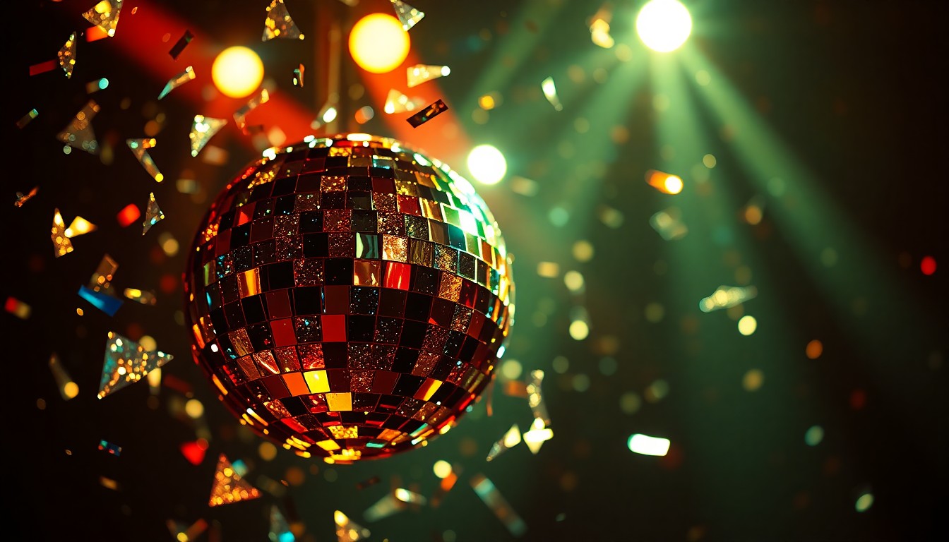 An extreme close-up photograph of shimmering, reflective disco ball shards against a backdrop of bright stage lighting, conceptually representing the celebratory, rock-inspired atmosphere of the new restaurant opening.
