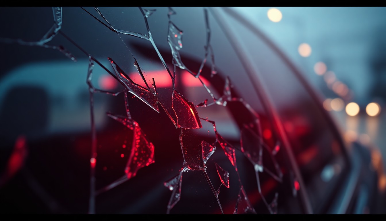 An extreme close-up of shattered car glass reflecting a faint red light, conceptually representing the aftermath of a high-speed police pursuit.