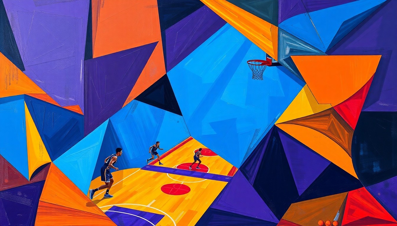 A cubist, geometric painting depicting the fragmented action of a WNBA basketball game, with sharp planes of color and overlapping shapes conveying the dynamic energy of the sport.