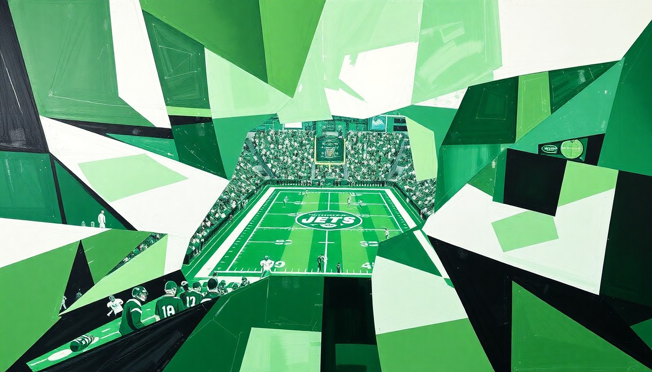 A cubist, geometric painting depicting a fragmented football game scene, with sharp planes of green, white, and black representing the players and field in an abstract, deconstructed style.