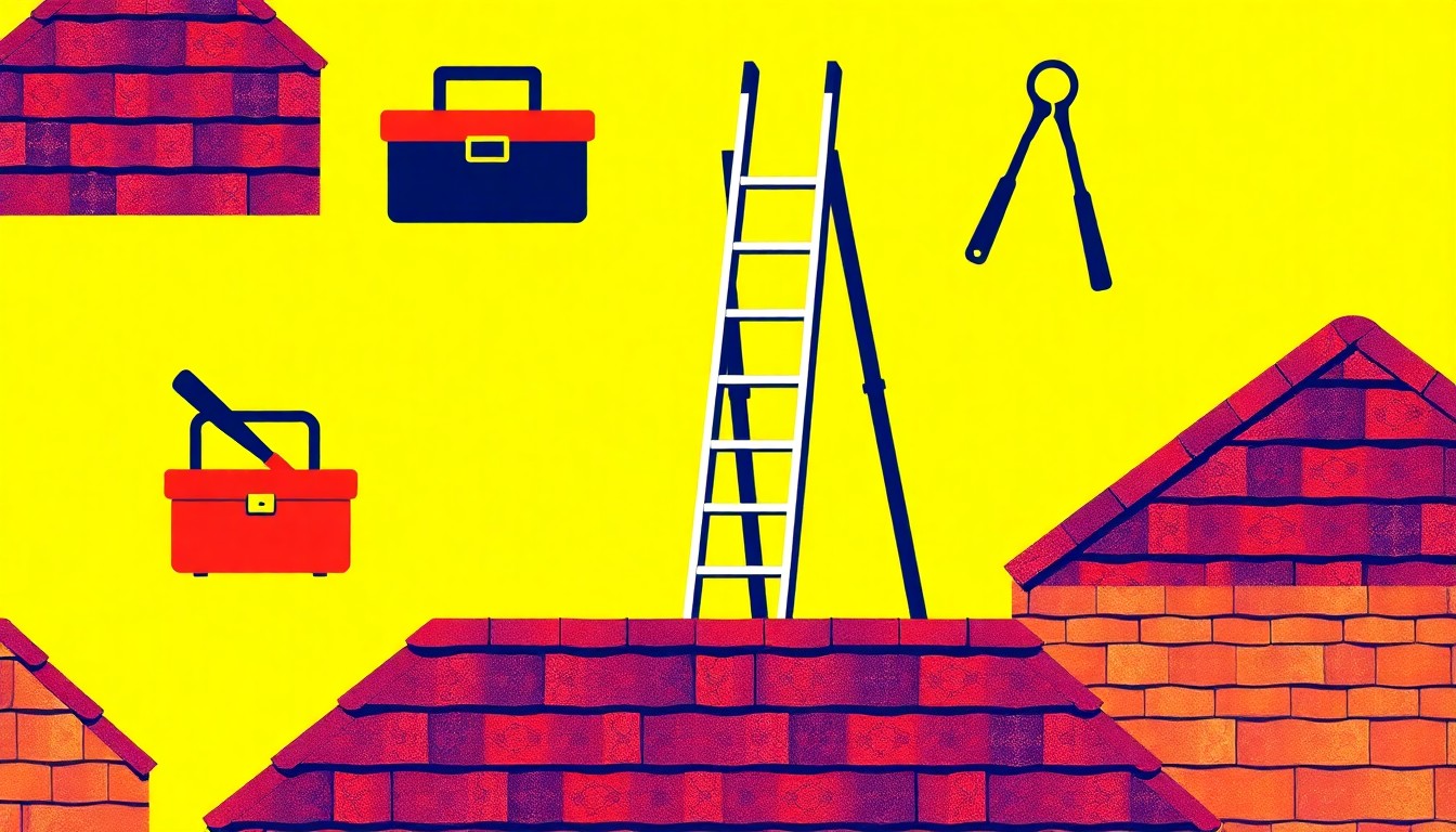 A bold, colorful silkscreen print featuring repeated images of essential construction tools and materials, conceptually representing the work of community volunteers and nonprofit organizations.