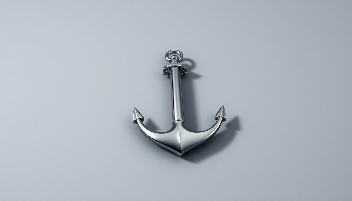 A photorealistic studio still life of a polished, chrome-plated ship's anchor resting on a clean, matte gray background, conveying a sense of weight, power, and responsibility through the dramatic lighting and shadow.