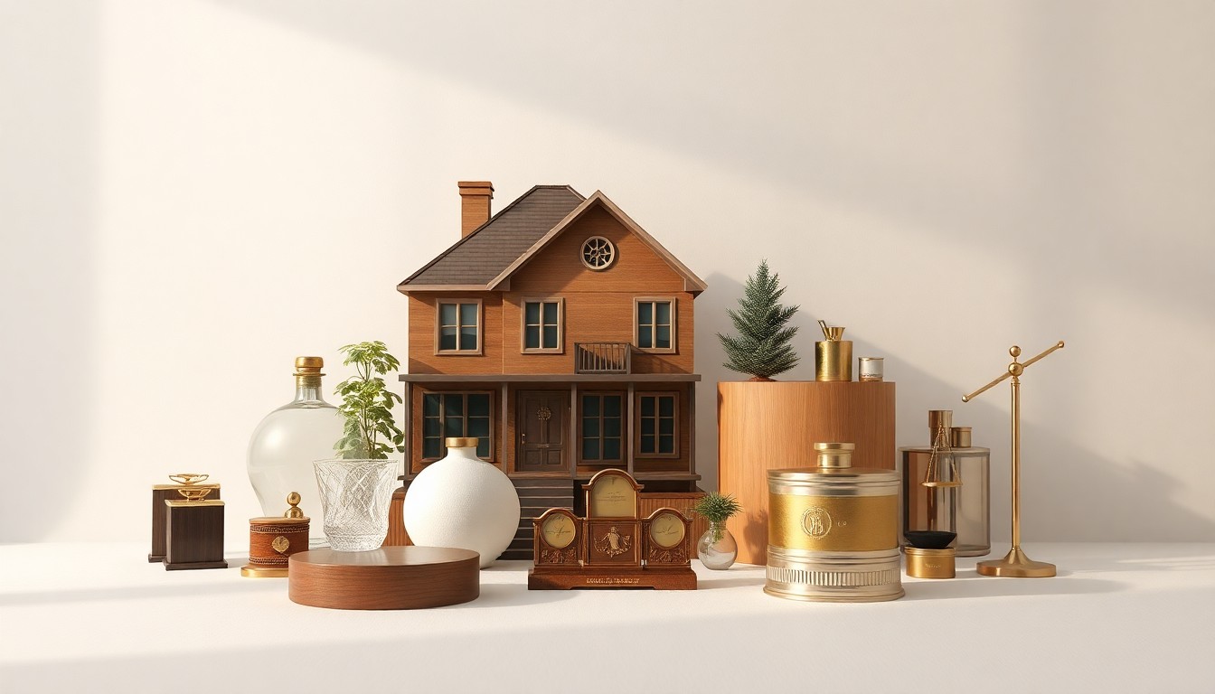 A minimalist studio photograph featuring a collection of sleek, geometric objects arranged on a clean, monochromatic background, symbolizing the abstract concepts of real estate, zoning laws, and the tension between residential and commercial uses.