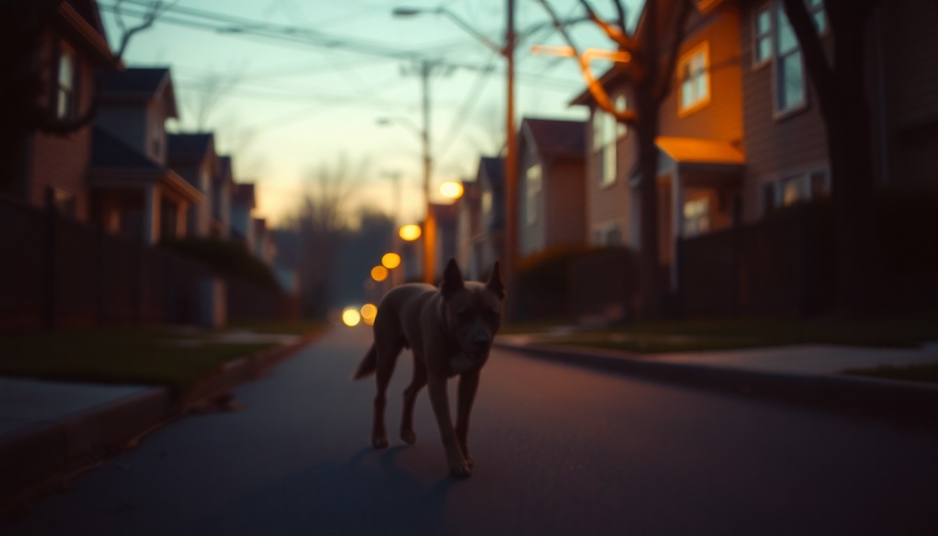 A softly focused, atmospheric photograph in the style of Saul Leiter, depicting a blurred, out-of-focus scene of a stray dog wandering through a residential neighborhood at dusk, with warm pools of light and color surrounding the animal.