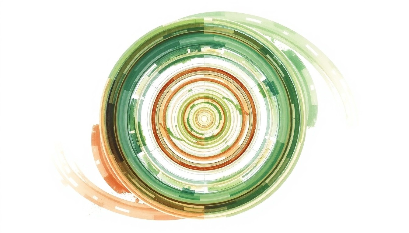 An abstract painting in soft, earthy tones of green, brown, and blue, featuring sweeping geometric arcs, concentric circles, and precise botanical spirals, conceptually representing the complex particle accelerator technology and isotope production process at a new facility in Janesville.