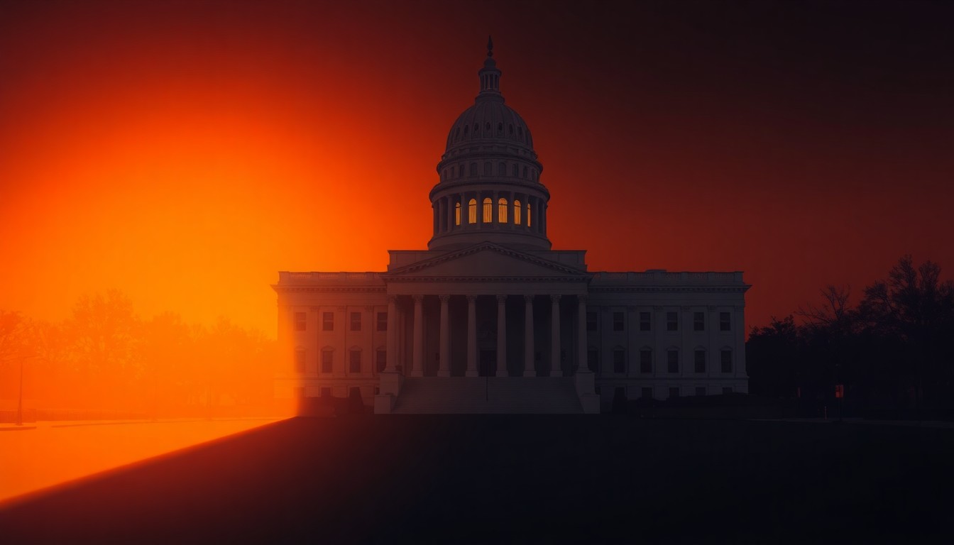 A photorealistic painting of an empty state capitol building, with warm sunlight streaming through the windows and deep shadows across the facade, creating a sense of solitude and contemplation.