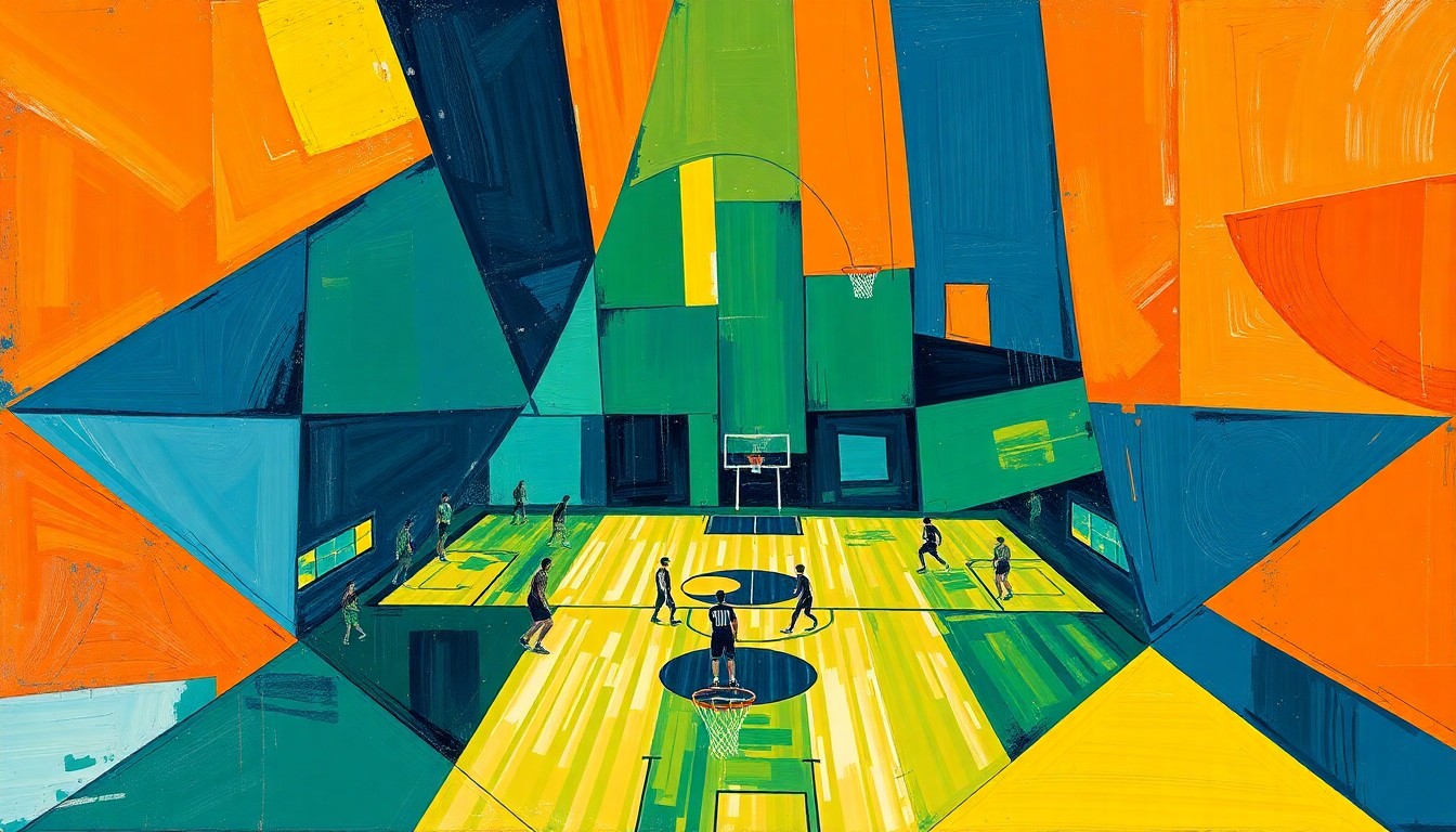 A cubist, geometric painting depicting fragmented, overlapping shapes and planes in navy, green, and orange, representing the dynamic energy and strategic planning of a college basketball coaching staff.