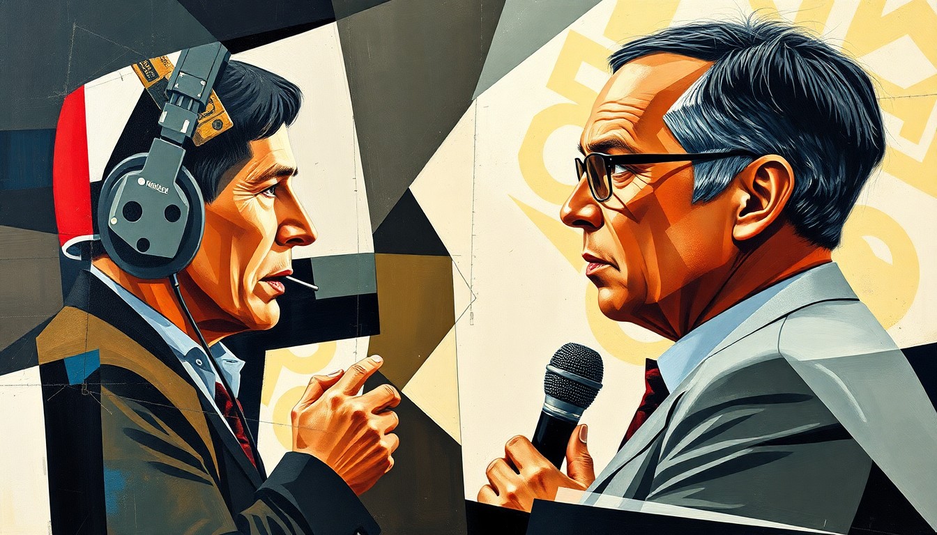 A fragmented, geometric painting depicting the abstract forms of a reporter and a coach interacting, conveying the nuanced dynamics of their professional relationship.