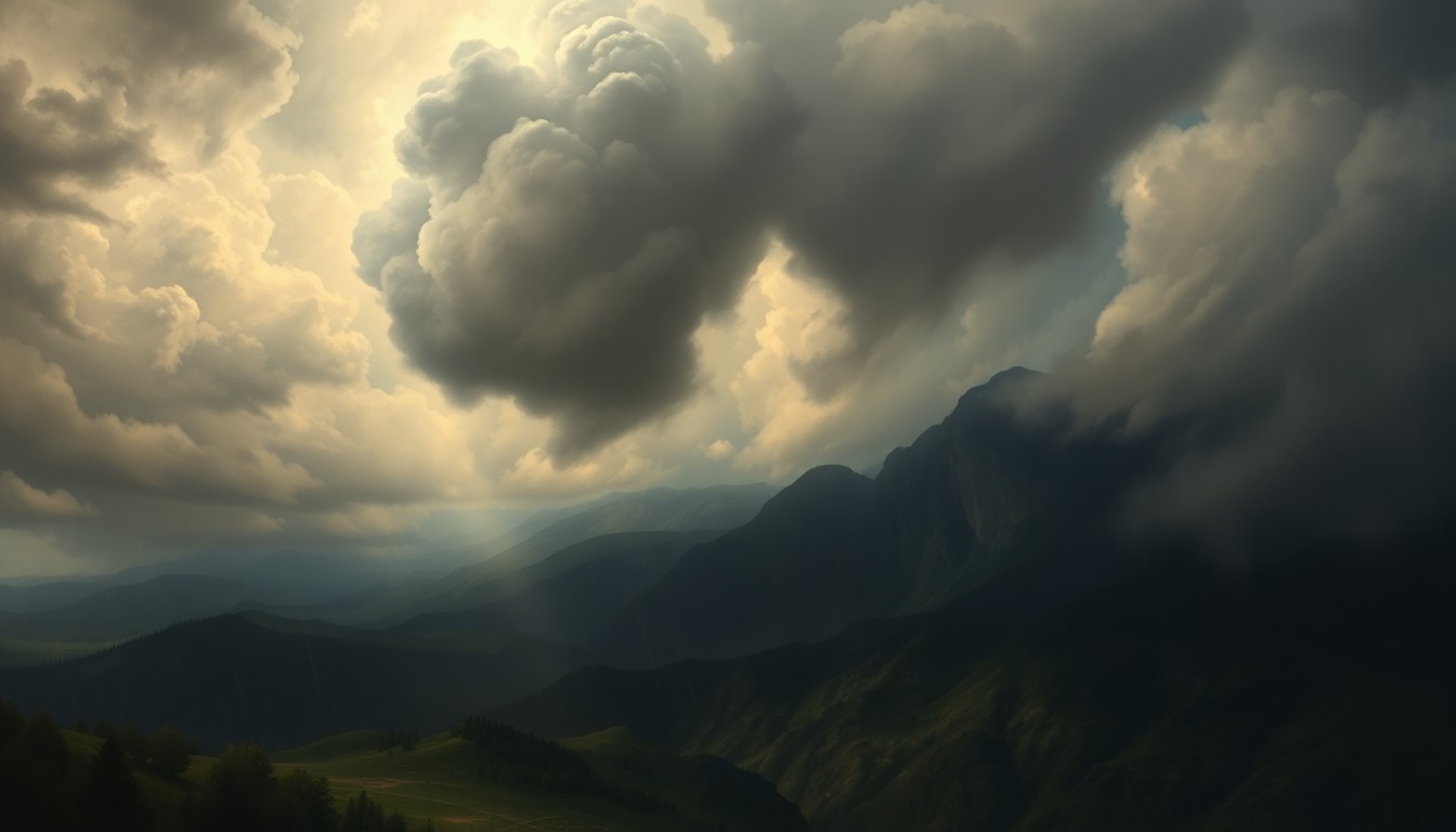 A sweeping, atmospheric landscape painting depicting a heavy spring rainstorm over the city of Denver, with dark, ominous clouds and dramatic lighting overwhelming the scale of the urban environment below.