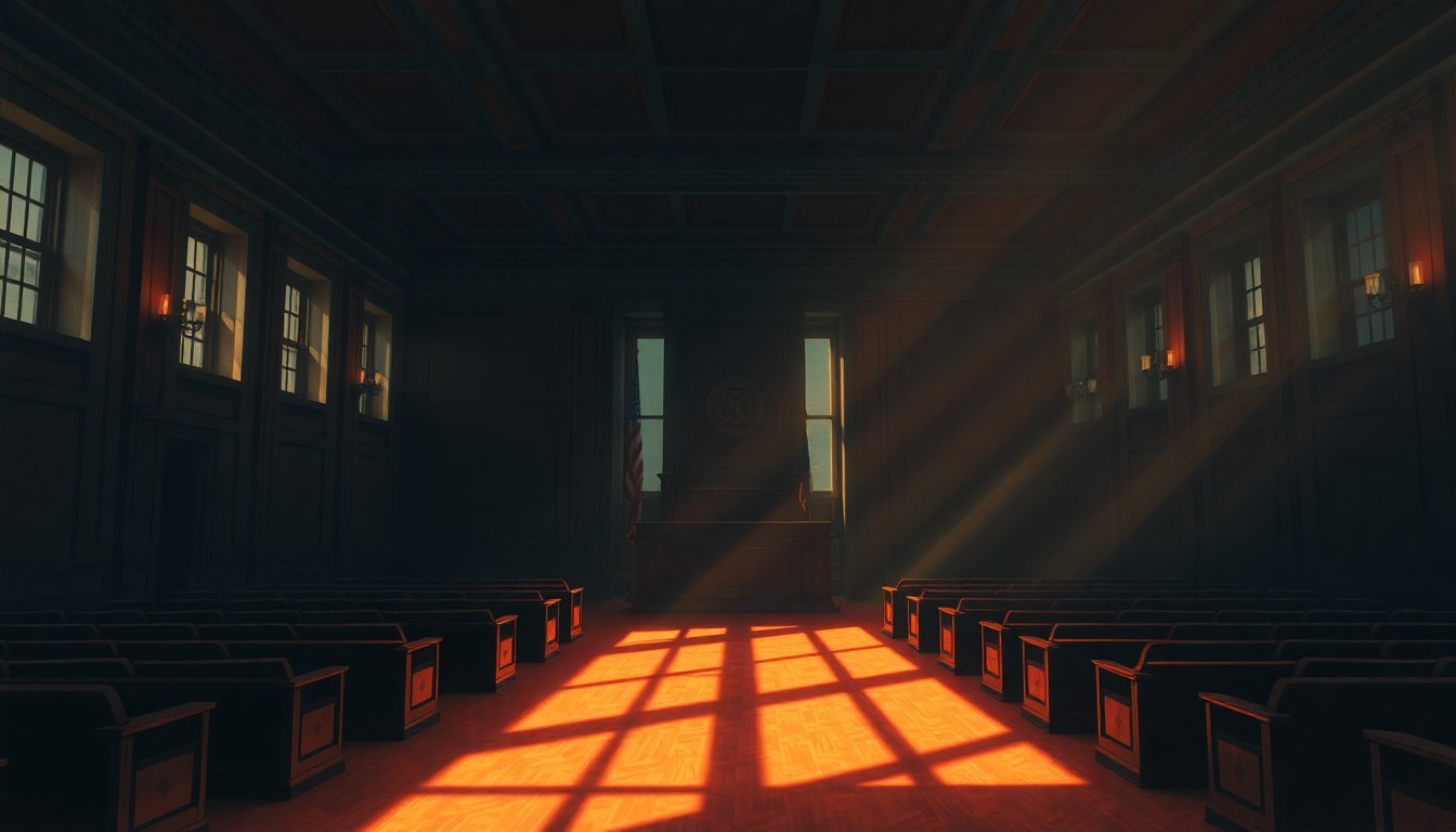 A dimly lit, cinematic painting of an empty city council chamber, with warm sunlight streaming through the windows and deep shadows cast across the room, conveying a sense of transition and change.