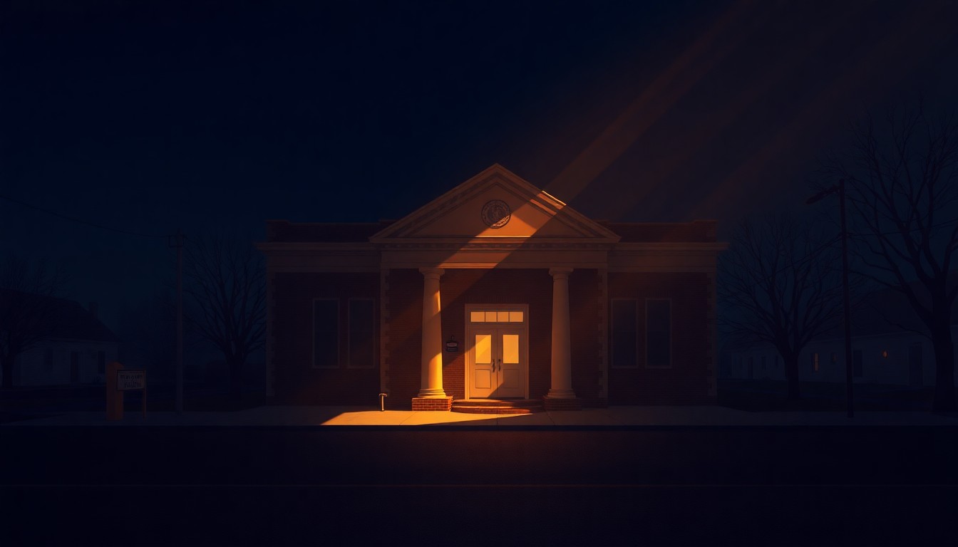 A serene, nostalgic painting of a town hall building in warm, golden light, capturing the transition in local government.