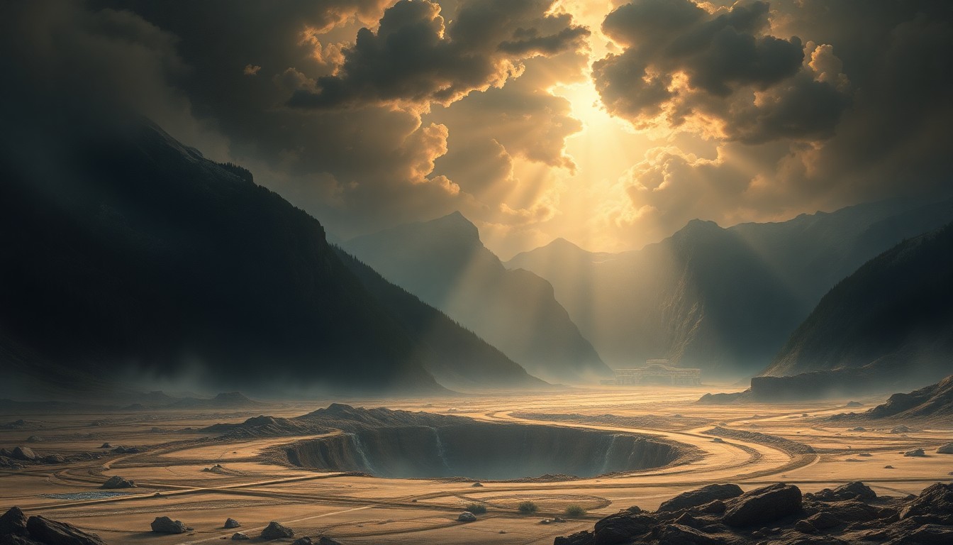 A vast, atmospheric landscape painting in muted tones of grey, blue, and green, with a deep, receding perspective that minimizes the physical damage of the sinkhole crisis, conveying a sense of the overwhelming, sublime power of the natural world.