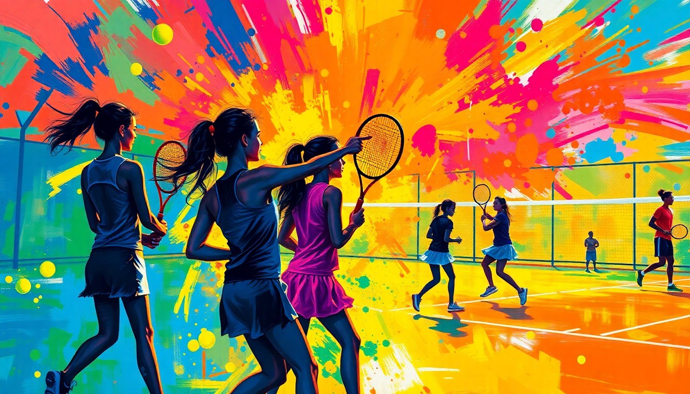 An abstract expressionist painting in neon colors, with rapid brushstrokes capturing the dynamic movements and energy of a girls tennis practice session, the players' forms dissolving into unrecognizable shapes and splatters.