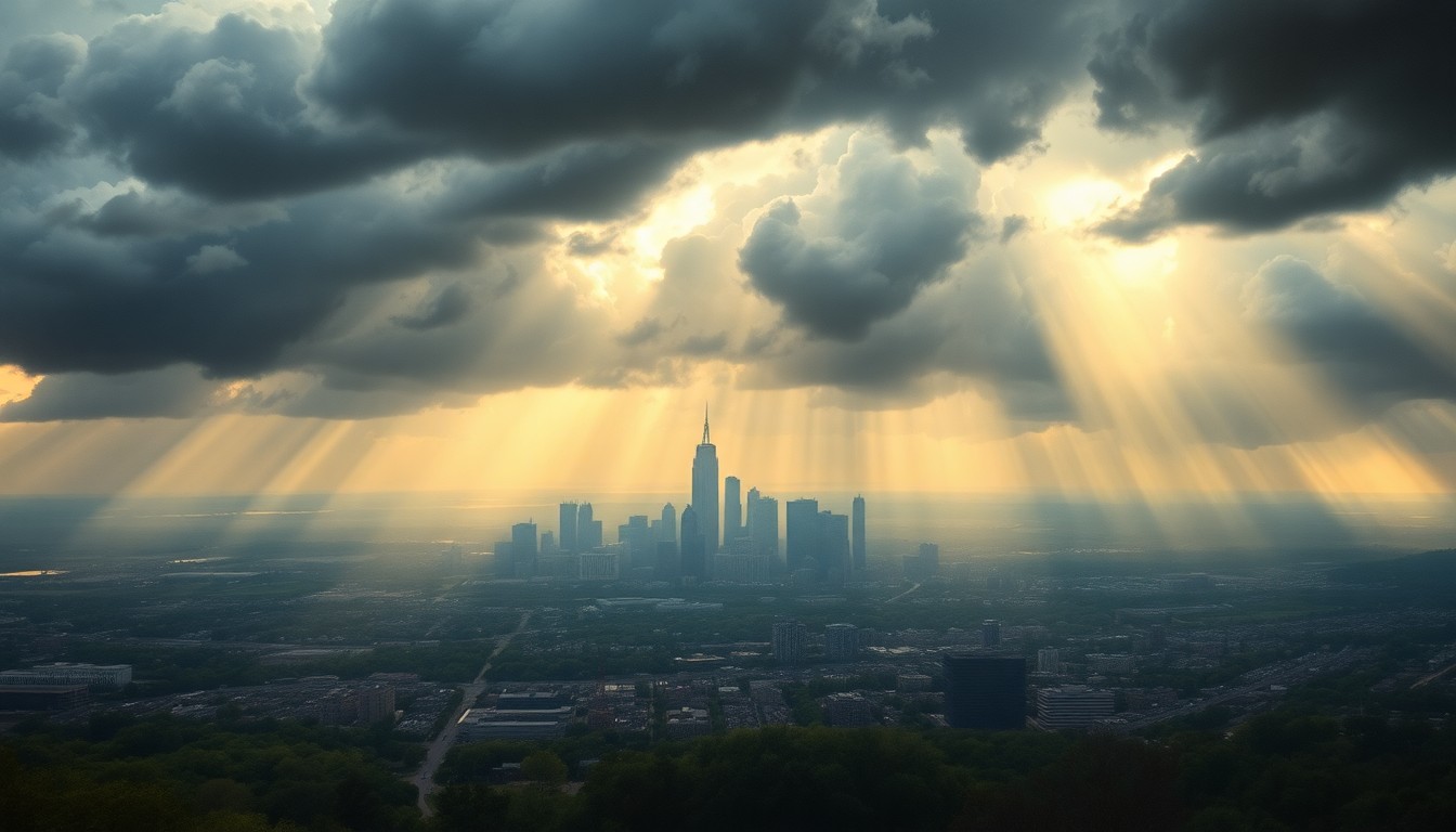 A dramatic, atmospheric landscape painting depicting the Kansas City skyline shrouded in a powerful spring storm, with heavy clouds, driving rain, and rays of sunlight breaking through the gloom.