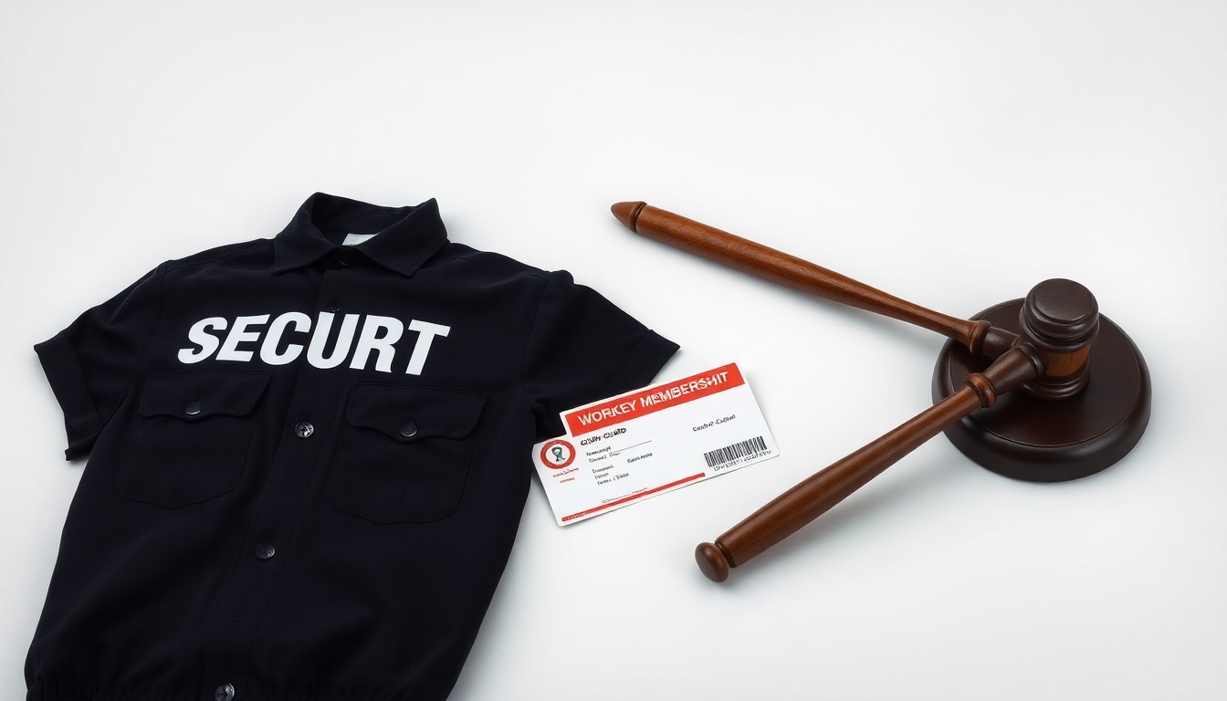 A high-end, photorealistic studio still-life photograph featuring a security guard uniform, a union membership card, and a gavel on a clean, monochromatic seamless background, symbolizing the tension between worker rights and employer resistance.