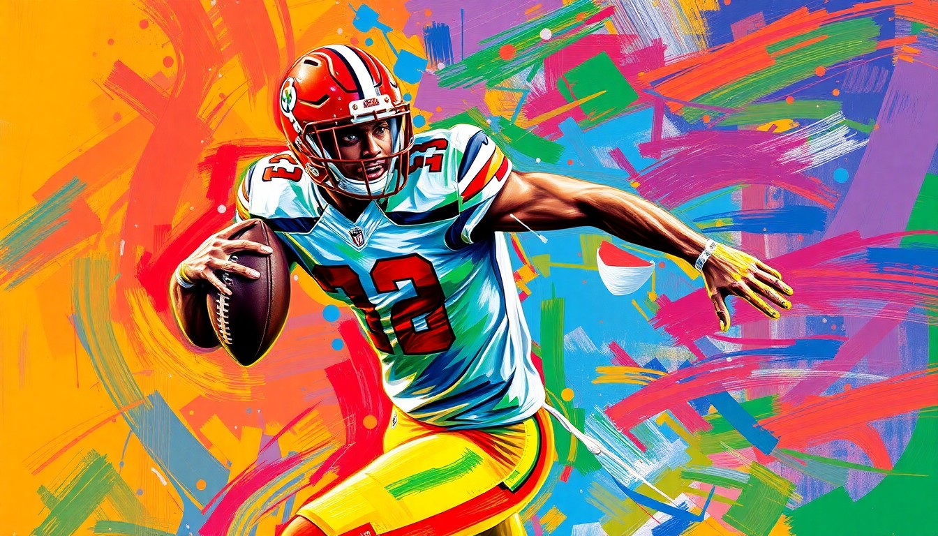 An abstract, expressionist painting in bright neon colors depicting the dynamic movements and energy of a college football player, conveying the excitement and passion of the sport.
