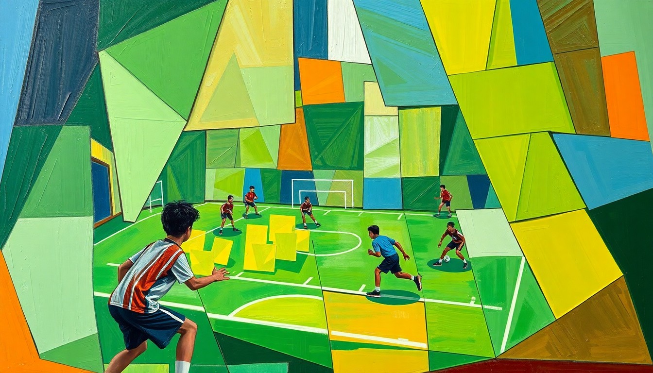 A cubist-style painting featuring fragmented geometric shapes in shades of green, blue, and orange, capturing the dynamic energy and movement of a youth sports practice or game.