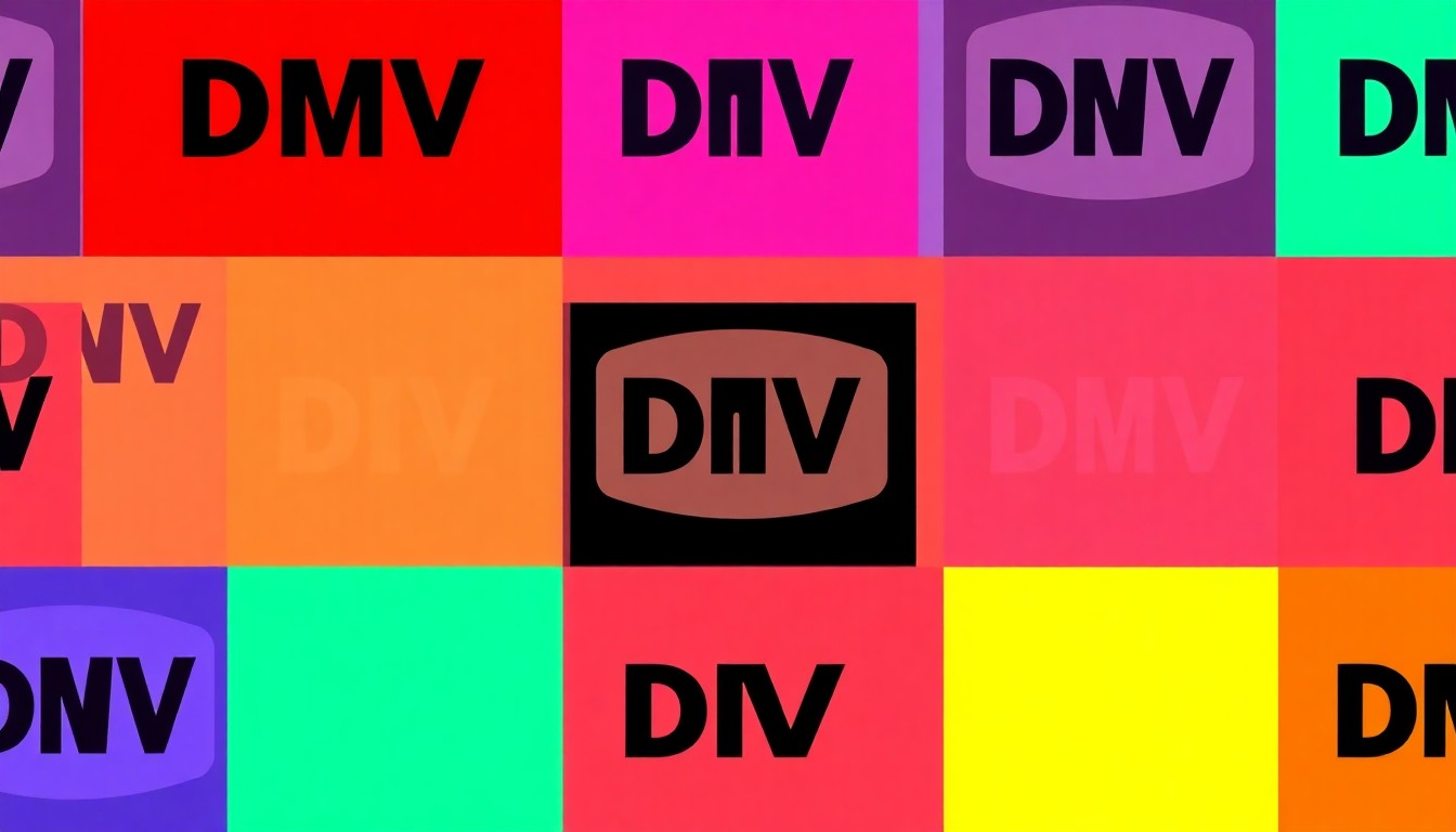 A brightly colored, high-contrast silkscreen print of a DMV office sign or logo repeated in a tight grid pattern, conceptually representing the modernization of DMV services in North Carolina.
